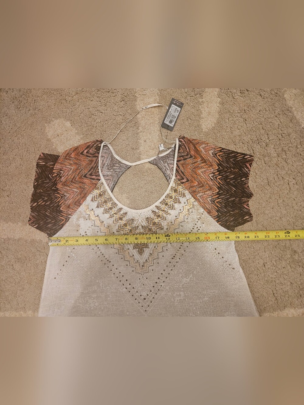 Miss Me Cream Front Tee with Rust and Black Patterned Raglan Sleeves - Picture 5 of 5